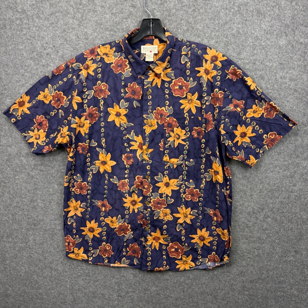 Vintage Banana Republic Safari & Travel Floral Cotton Shirt Mens Large Navy Blue